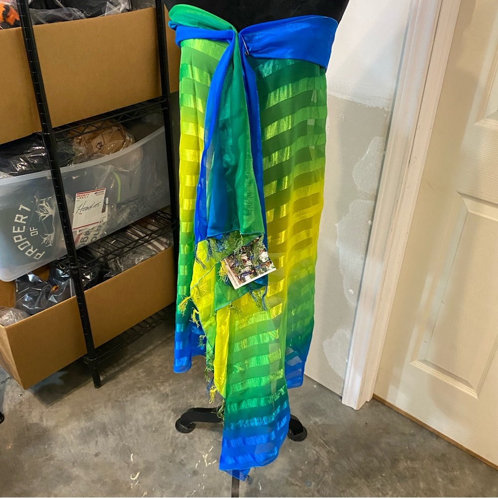 Rima Sarong Blue Yellow Green Striped Fringe Swimsuit Coverup NWT Beach Summer - Picture 1 of 7